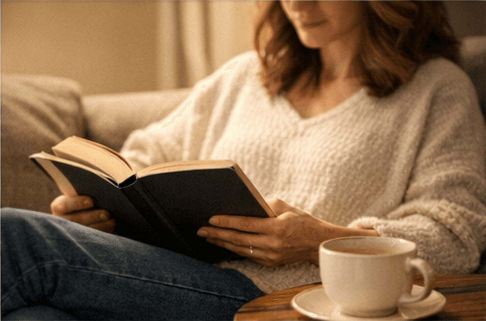 A person relaxing at home with a warm drink — responsible, calm cannabis use