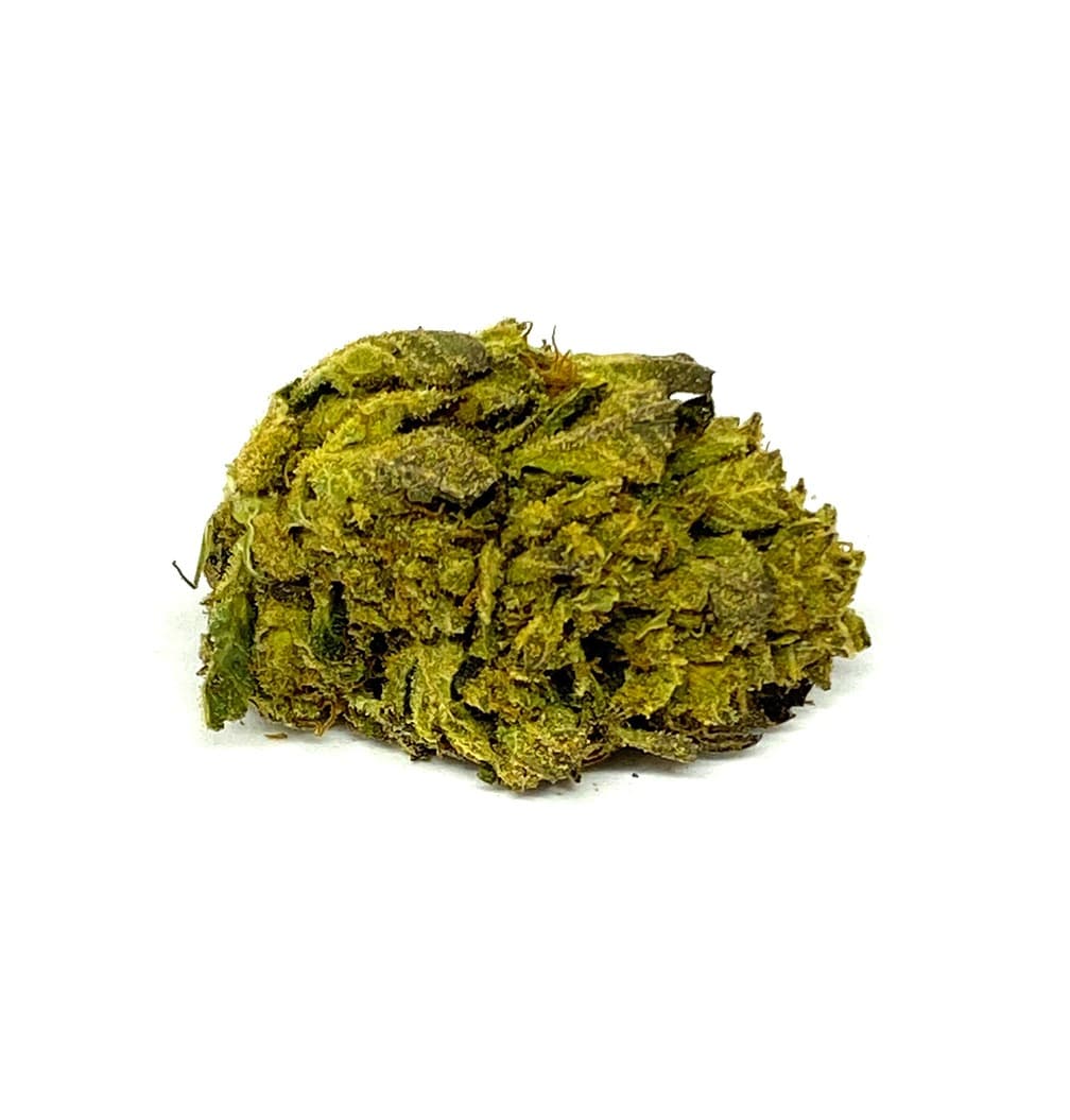 Green Crack daily ounce cannabis flower, vibrant green buds with resinous trichomes, 41% THC sativa strain