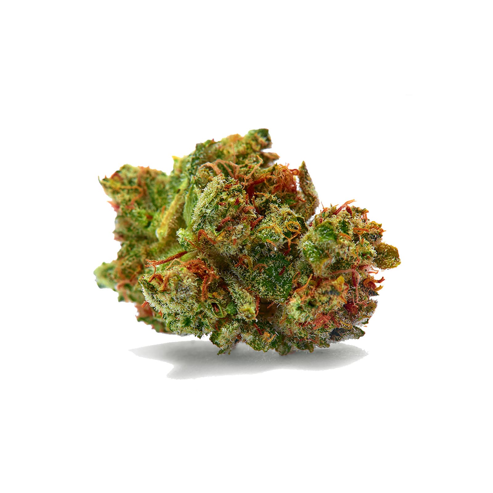 Sour Diesel cannabis flower buds with vibrant green and orange hues showcasing a dense frosty trichome-covered strain