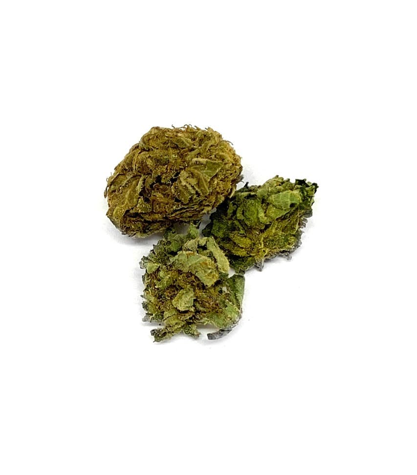Nuclear haze cannabis flower Meat Breath strain with dense frosty buds and earthy tones