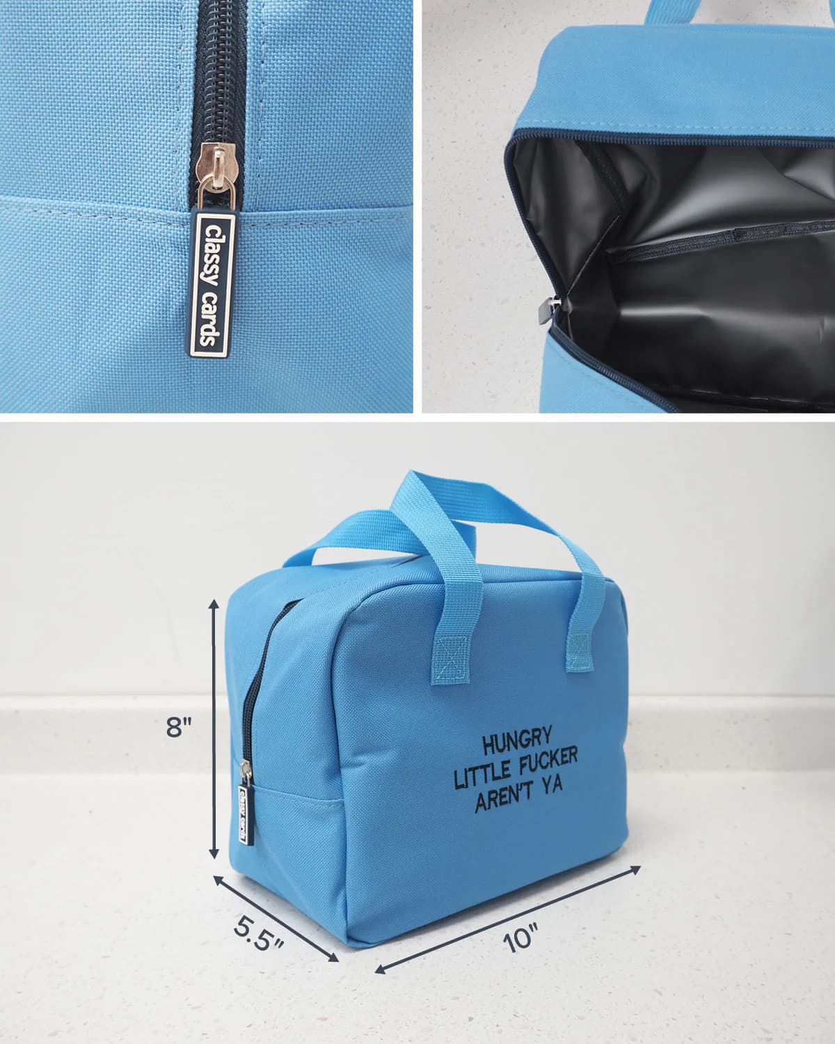 Insulated snack bag with funny Hungry Little Fucker text design perfect for carrying snacks on the go